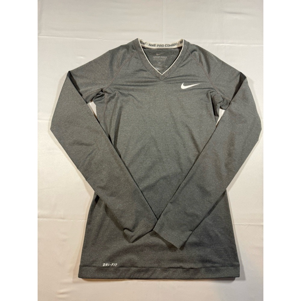 Nike Pro Combat Compression T Shirt Womens Small Gray Fitted V-Neck Long Sleeve